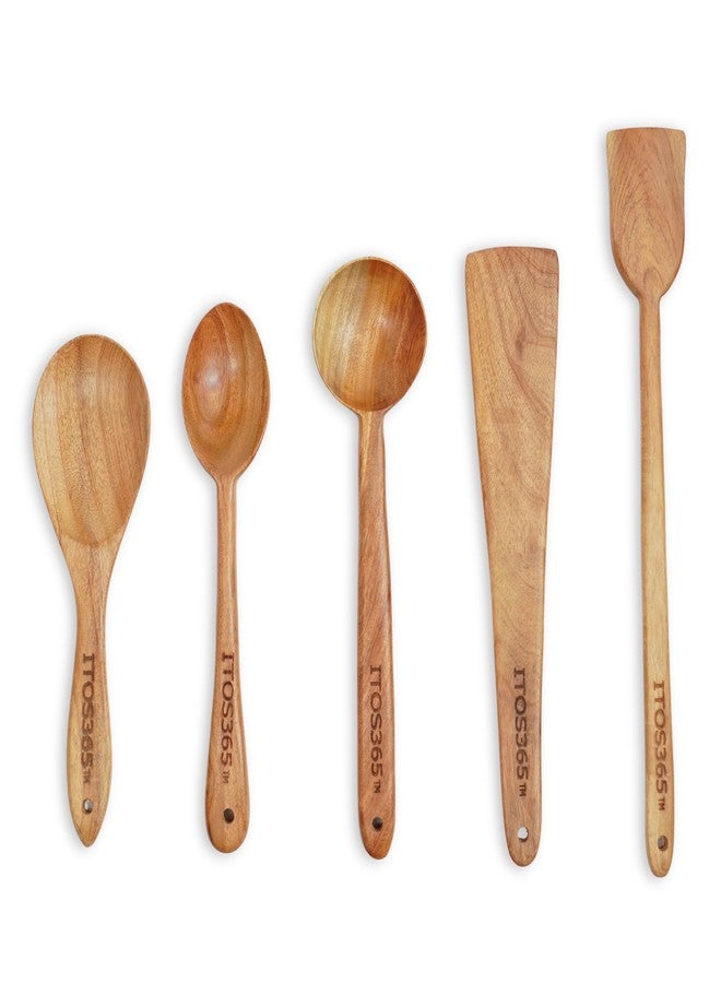 ITOS365™ Neem Wood Cooking Spoons Set of 5 | Natural Wooden Spatula & Turner for Non-Stick Cookware | Antibacterial, Eco-Friendly Kitchen Utensils for Frying, Stirring & Serving - Image 1
